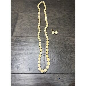 Vintage Carved Floral Celluloid Off White Beaded Necklace 36" Earrings 1930's